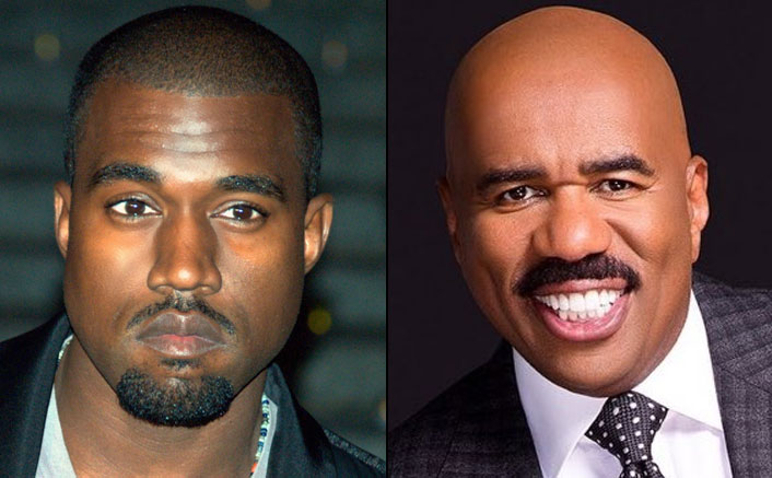 Rapper Kanye West Trolled For His Grammer After Posting Picture Hanging Out With Family Feud Host Steve Harvey 