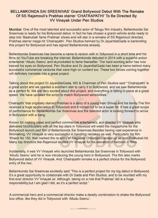 Bellamkonda Sai Sreenivas’ Grand Bollywood Debut With The Remake Of SS Rajamouli’s Prabhas starrer ‘Chatrapathi’ To Be Directed By VV Vinayak Under Pen Studios