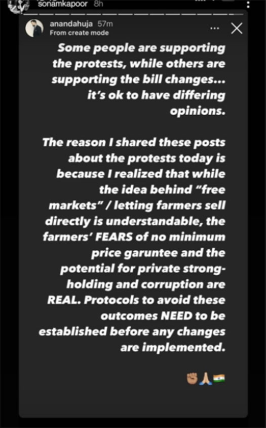 Sonam Kapoor Shares Her Views On Farmers' Bill