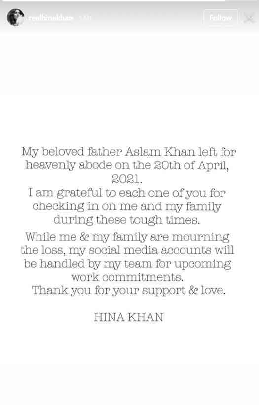 Hina Khan Is All Heart As She Pens An Emotional Note On Her Father's Untimely Demise: "I'm Grateful To Each One If You," Read On