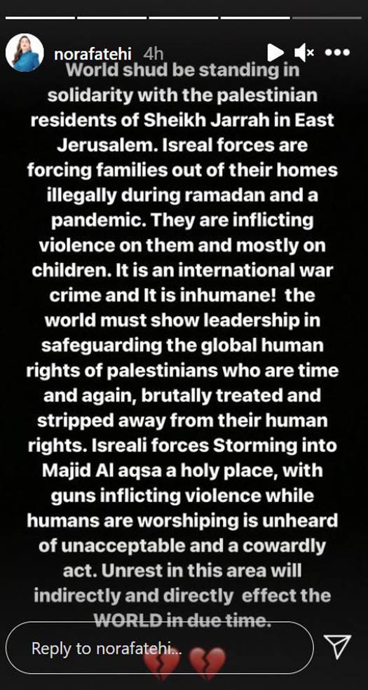 Israel-Palestine Conflict: Nora Fatehi Raises Concerns Over Violence Against Palestinians