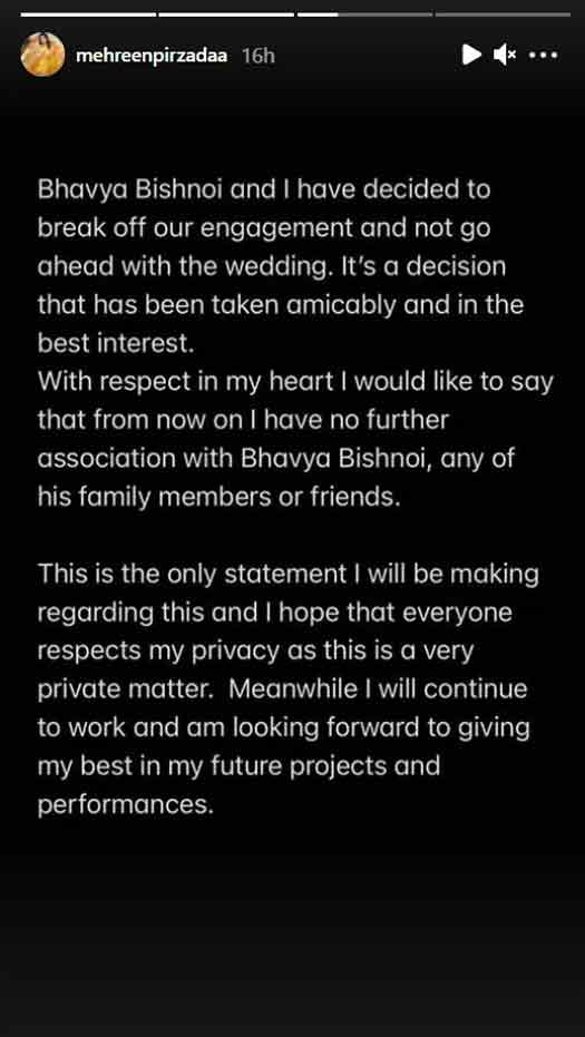 Mehreen Kaur Pirzada Breaks Her Four-Month-Old Engagement With Bhavya Bishnoi, Read On