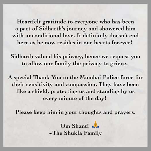 Family Of Late Sidharth Shukla Releases First Statement Post Demise
