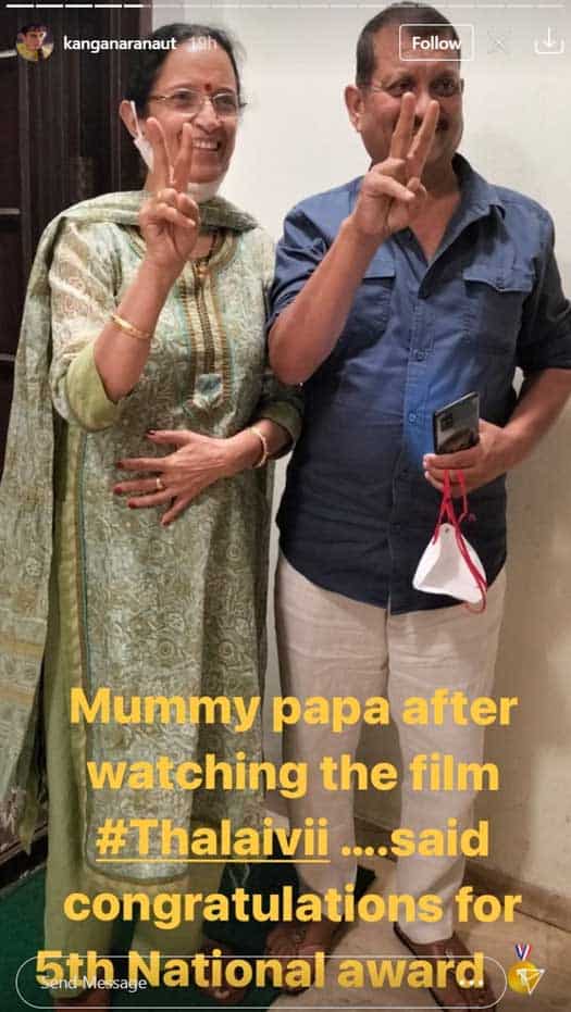 Kangana's parents predict 5th National Award after watching 'Thalaivii'