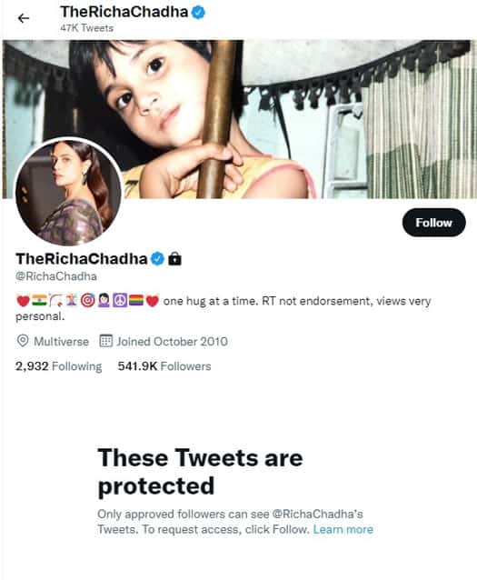 Richa Chadha locks her Twitter profile after trolling