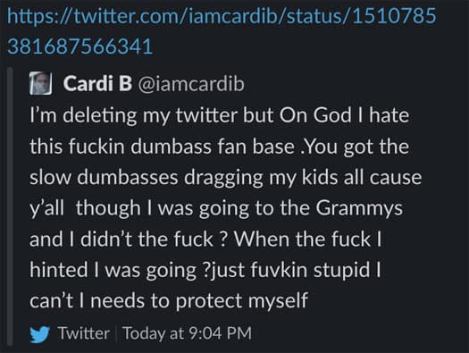 Cardi B Deletes Her Twitter Account As Fans Target Kulture Over Her Not Attending Grammys 2022