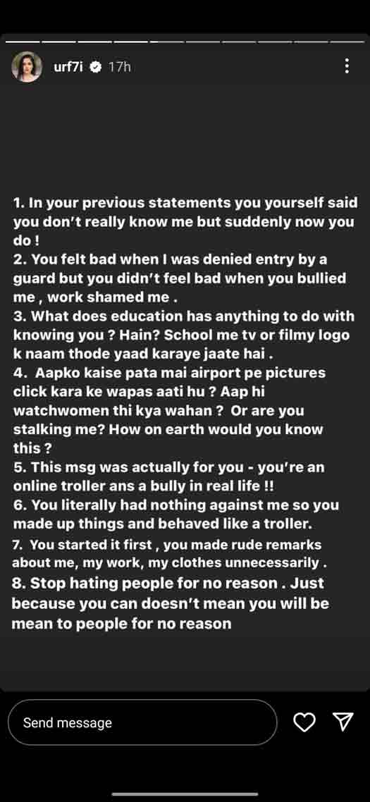 Urfi Javed Takes It To Her Instagram Story To Slam Kashmera Shah Over Her 'Beti Bachao Beti Padho' Comment, Calls Her A 'Bully!