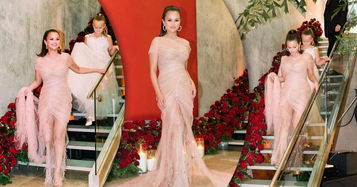 Selena Gomez Wore A Sheer Versace Gown In Peach Colour That Featured A Modest Train