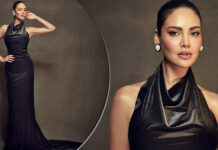 Esha Gupta Looks Gorgeous In A Black Satin Dress With A Thigh-High Slit