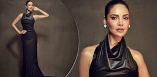 Esha Gupta Looks Gorgeous In A Black Satin Dress With A Thigh-High Slit
