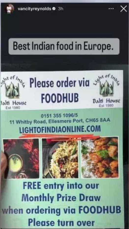 Ryan Reynolds says Cheshire curry house has 'best Indian food in Europe'