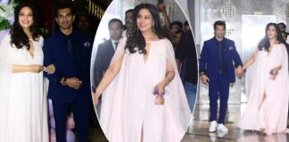 Bipasha Basu Looks Pretty Rocking A Light Pink Deep Neck Gown To Her Baby Shower