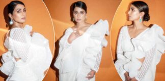 Hina Khan Is A Vision In White In A Ruffle Saree With Dramatic Sleeves