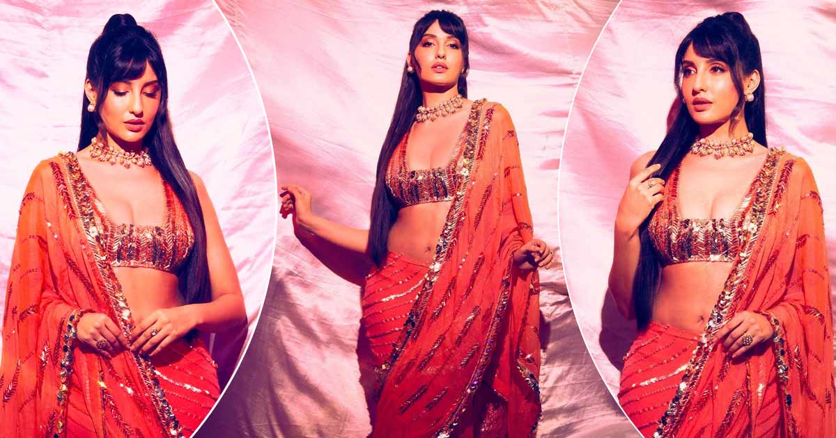 Nora Fatehi Dazzles In A Fiery Orange Coloured Saree, Pairs With A Sequinned Blouse