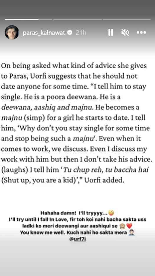 Uorfi Javed Wants Her Ex-Boyfriend Paras Kalnawat To Be 'Single' For This Reason, Calls Him 'Majnu', He Reacts