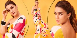 Kriti Sanon Adds A Colourful Twist To A Chiffon Saree Pairing A White & Black Striped Bralette Blouse - Deets Inside