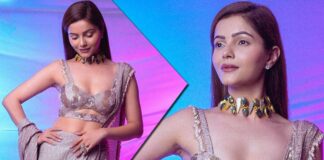 Rubina Dilaik Dons A Trending Dusty Mauve Coloured Saree With A Bralette Blouse
