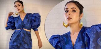 Shehnaaz Gill Wears A Blue Coloured Co-Ord Set Featuring Powered Sleeves & Cut-Out Detailing