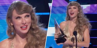 Taylor Swift Opts For A Golden Sequined Jumpsuit For American Music Awards 2022
