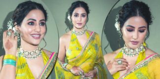 Hina Khan Shines Bright Like A Diamond In A Yellow Saree With Halter-Neck Blouse