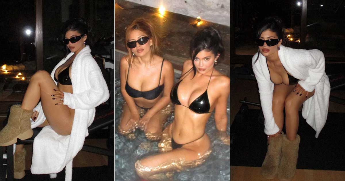 Kylie Jenner Dons A Shiny Black Bikini Underneath A Bathrobe, Displaying Her Hourglass Figure; Read On