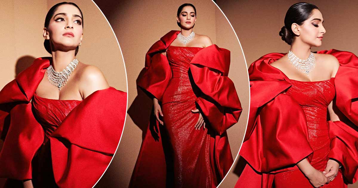 Sonam Kapoor Red Caped Evening Prom Gown Bollywood NRI of the Year Awards  TCD7103