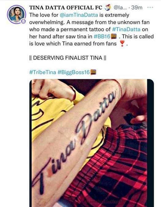 Tina Datta's fan carves a permanent tatto on hand, love for the Uttaran actress on Bigg Boss is immense