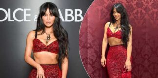Kim Kardashian Flaunts Her S*xy Hourglass Figure In A Sequin Crop Top & Body Hugging Skirt