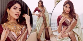 Nikki Tamboli Shows A Little Too Much In Her Deep Plunging V-Neckline Blouse, Grateful For The Huge Gold Jewellery That Saves The Risqué Look!