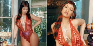 Rihanna Ticks All The Valentine's Day S*xy Boxes In This Plunging Red Lingerie Paired With Matching Mesh Stockings