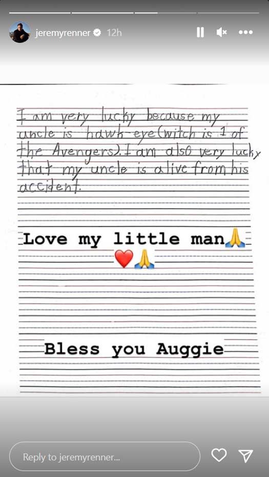 Jeremy Renner shares note from his nephew as he recuperates