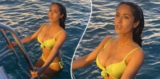 Salma Hayek Goes Skinny Dipping In Skimpy Canary Yellow String Bikini Sending Fans Wild In Summer, A User Said: “I’ll Be In The Shower If Anyone Needs Me” Salma Hayek Sends Fans Wild In Summer In Skimpy Canary Yellow String Bikini Getting Out Of The Ocean, A User Said: "I'll Be In The Shower If Anyone Needs Me"