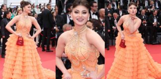 Cannes Film Festival 2023 : Urvashi Rautela Shines at Cannes Film Festival Day 2 in Sequined Frill Orange Gown