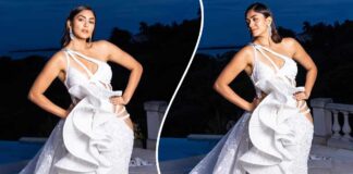 Mrunal Thakur looks stunning in a custom made gown by Falguni and Shane Peacock for her final Cannes red carpet appearance
