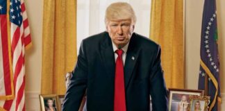Alec Baldwin dons Donald Trump costume as he sits on a pot