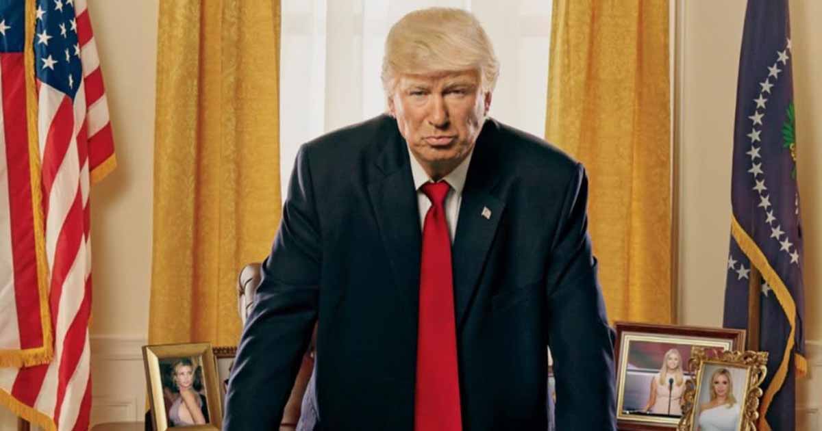 Alec Baldwin dons Donald Trump costume as he sits on a pot