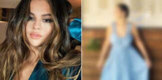 Selena Gomez Looks Like A Fresh Breeze Of Summer In A Deep-Plunging Neckline Printed Blue Maxi Dress!