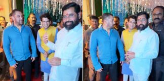 Salman poses for pix with Shinde at his sister's Ganpati Visarjan