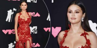 Selena Gomez Ate & Left No Crumbs In Her Cleav*ge Revealing Floral Appliqued Thigh High Slit Bold Red Ensemble At The 2023 VMAs!