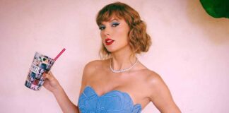 Taylor Swift Has Her Frozen Elsa Moment On The Eras Tour Concert Film’s Red Carpet In A Blue Floral Gown