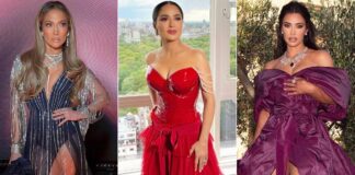 Jennifer Lopez’s Nude Sheer Floral Gown With A Hip-High Slit, Salma Hayek’s Figure-Hugging Metallic Number & Kim Kardashian Looking Like A Sensual Barbie Are Sure To Get Doubt Thumbs Up From Fashionistas