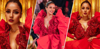 Shehnaaz Gill Flaunts Her Busty Assets Looking Like A Red Hot Patakha In A Plunging Neckline Gown With Impossible-To-Miss Puffed Sleeves