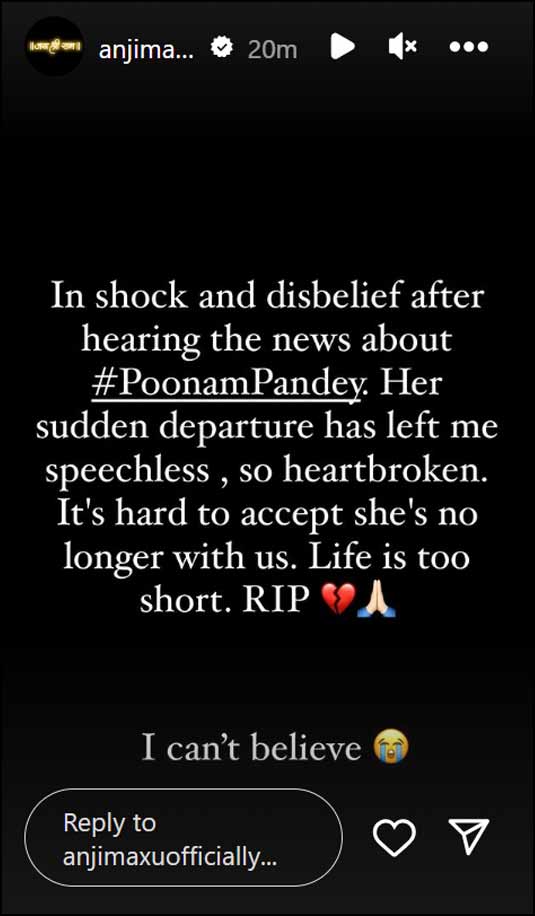 Poonam Pandey Passes Away: Anjali Arora Pays Tribute