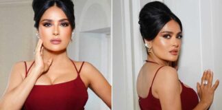 Salma Hayek Looks Breathtaking In Her Burgundy Ensemble