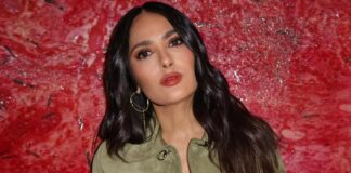 Salma Hayek Sizzles In A Green Wrap-Around Bikini While Lounging In The Pool
