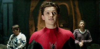 Tom Holland as Spider-Man in action with New York City skyline backdrop