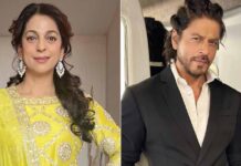 Juhi Chawla and Shah Rukh Khan on a movie set.