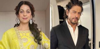 Juhi Chawla and Shah Rukh Khan on a movie set.