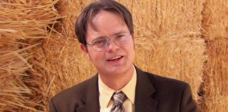 Rainn Wilson as Dwight Schrute in The Office, wearing a mustard shirt and glasses, almost missed out on the iconic role.