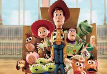Woody, Buzz, and the Toy Story gang in an intense scene from Toy Story 3, showing the characters facing a pivotal moment.